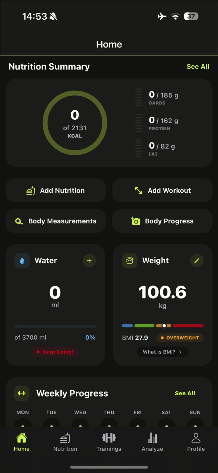 Gymrition home dashboard screen