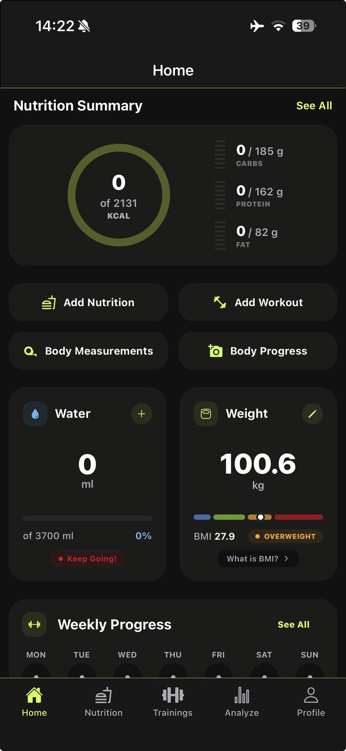 Gymrition Home tab screen