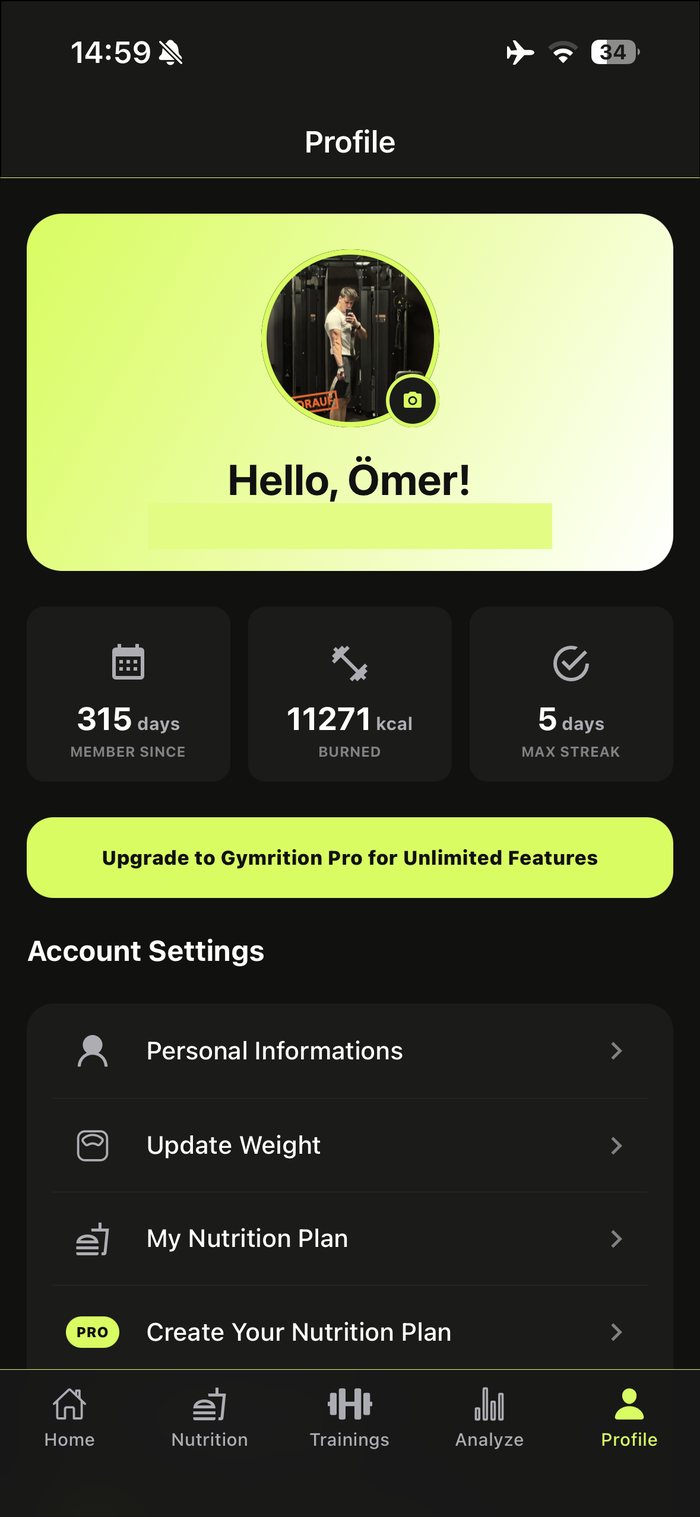 Gymrition Profile tab screen