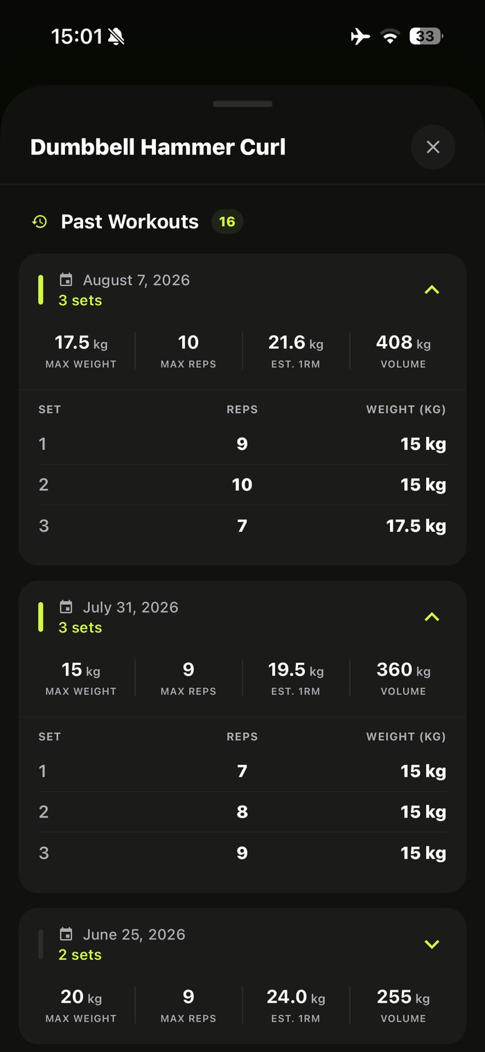 Past workout history screen