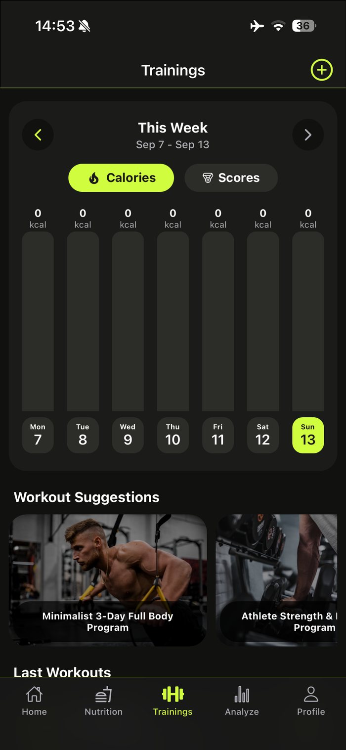 Gymrition Trainings tab screen